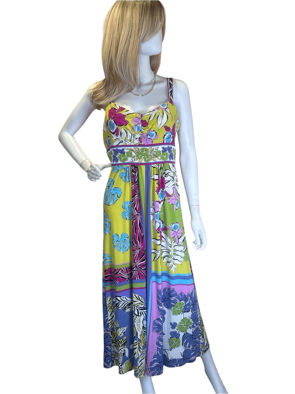 Maggy London Chartreuse and Purple Floral Stripe Maxi Dress - Picture 3 of 11